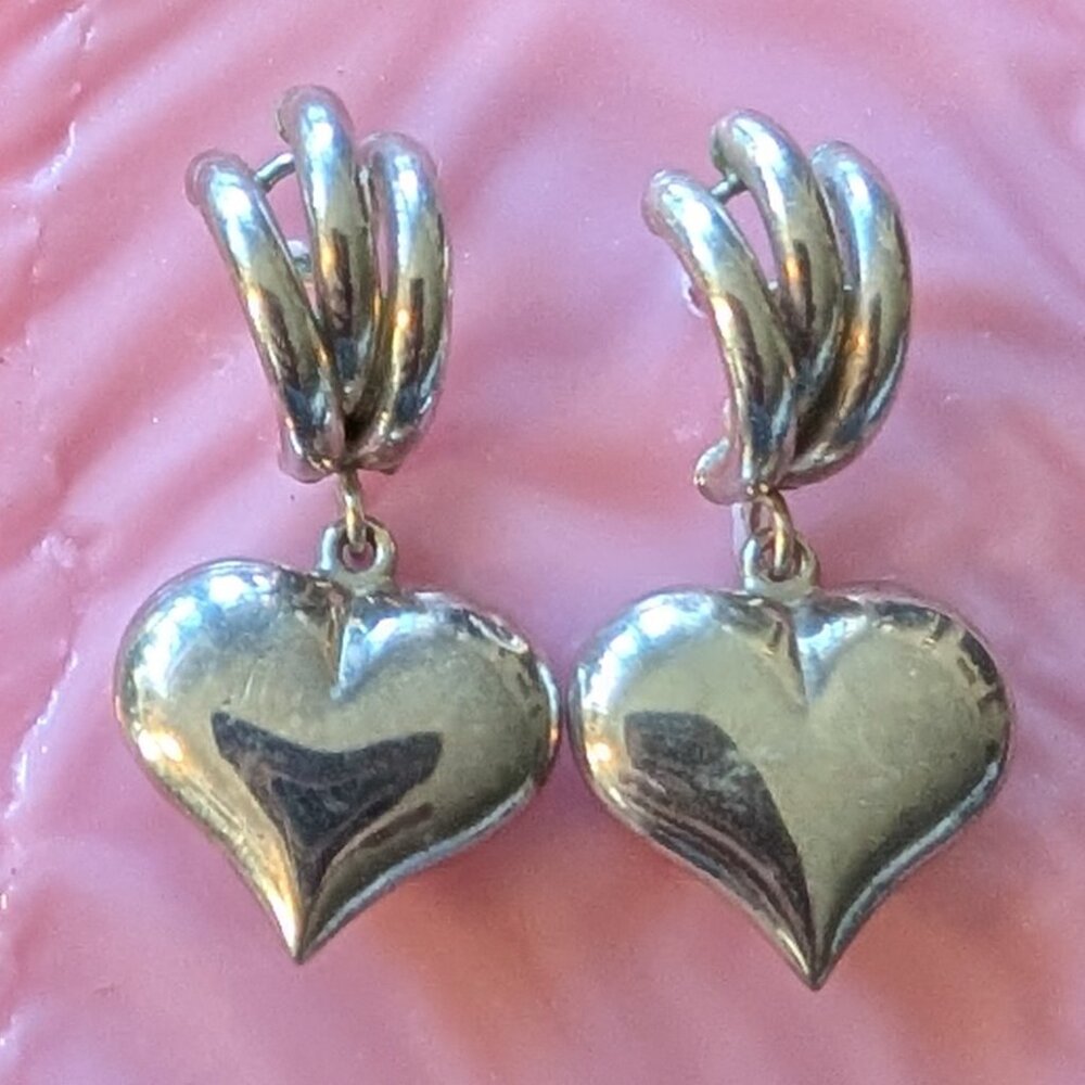 Sterling Silver Puffy Heart Pierced Earrings with backs marked 925
